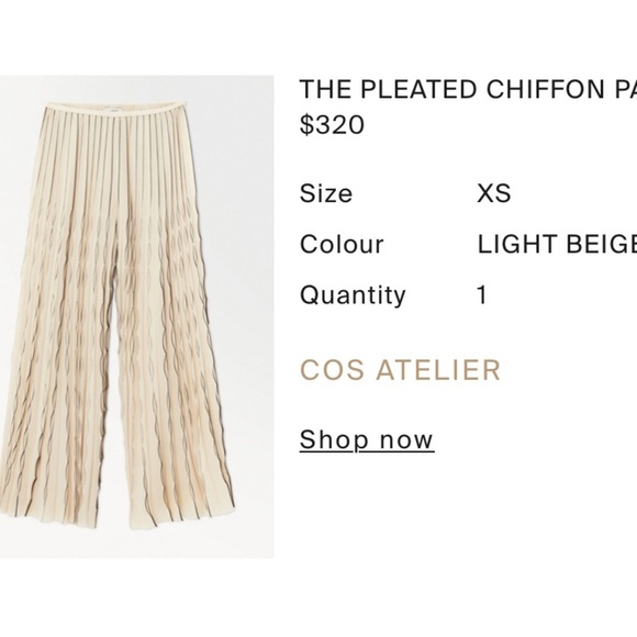 🪩  COS 🪩THE PLEATED CHIFFON PANTS XS BEIGE - Picture 13 of 13